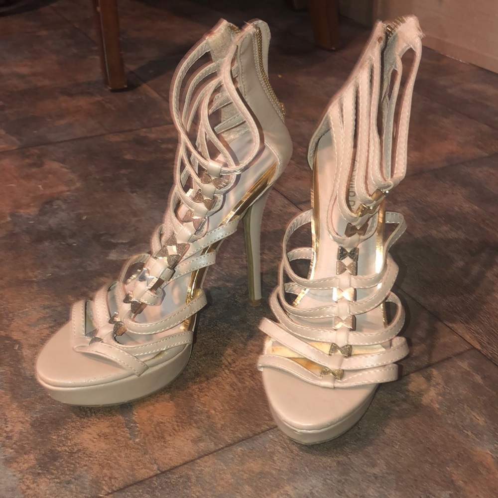 Wild Diva nude platform heels with gold accents